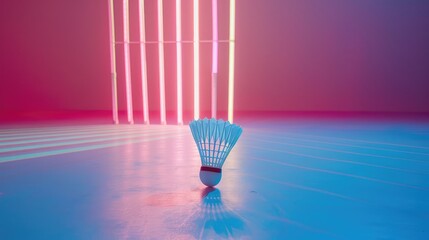 Cream white badminton shuttlecock and racket with neon light shading on floor in indoor badminton court, copy space, soft and selective focus.