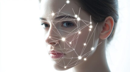 Woman interacting with biometric facial recognition technology on a white background highlighting advanced digital verification methods