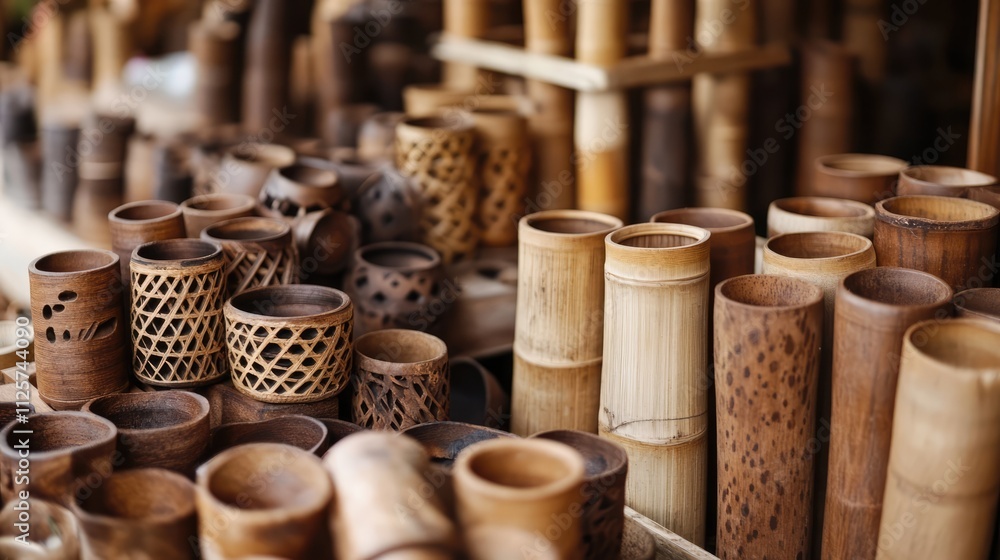 Poster bamboo handicrafts showcasing intricate designs and various forms ideal for decoration and practical