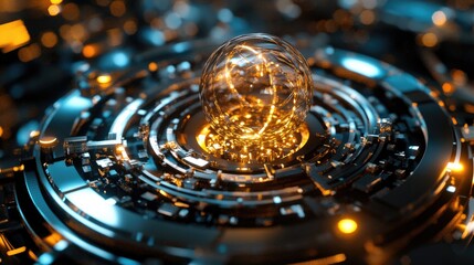 Quantum computing technology visualization featuring illuminated qubit icon and complex circuitry in a futuristic design.