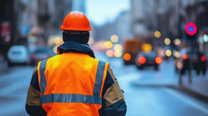 High visibility traffic control worker in safety gear managing urban roadway conditions during overcast weather.