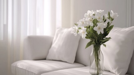 Elegant vase of flowers on a minimalist table with soft pillows in a bright and airy living room interior design.