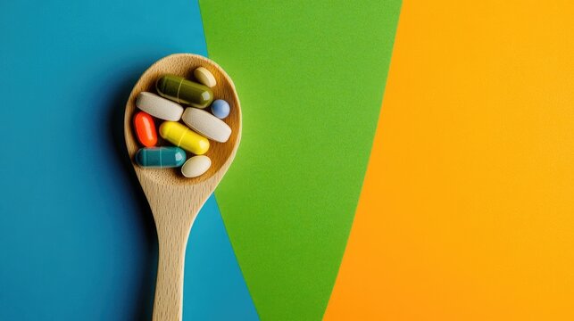 Assorted vitamin capsules in a wooden spoon on vibrant colored background representing health supplements and wellness concept
