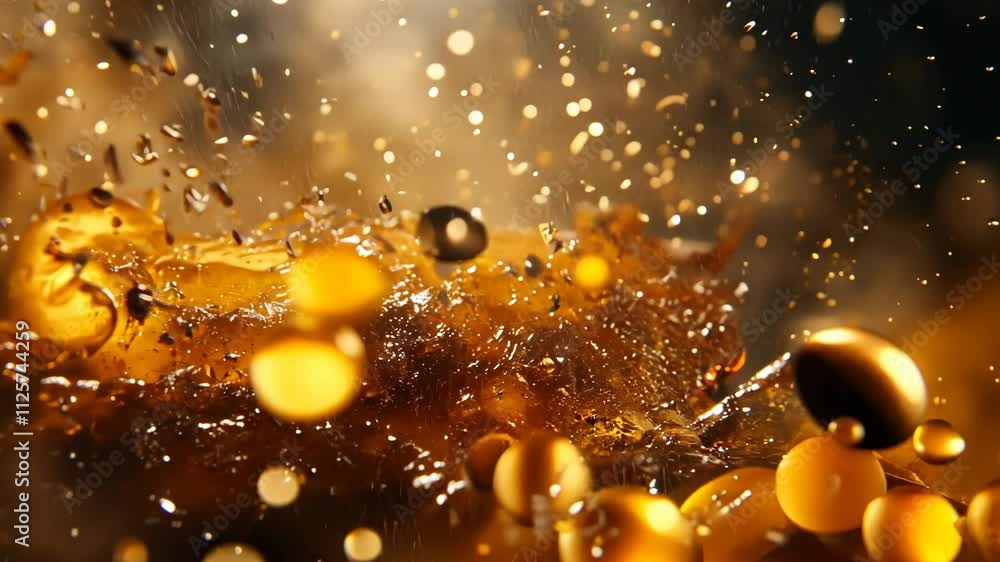 Poster dynamic splash of honey with golden droplets capturing the essence of sweetness in a vibrant setting