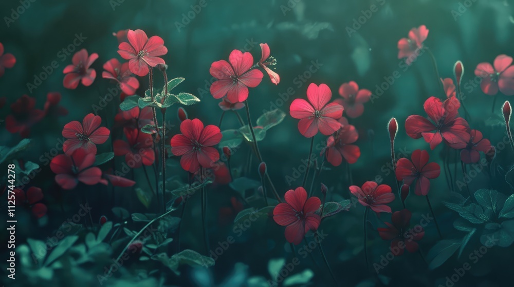 Poster vibrant red flowers with soft bokeh effect creating a serene nature background for design and artist