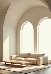 Fototapeta premium Architectural Photography of a Minimalist Living Room with Soft Diffused Lighting and Clean Decor 