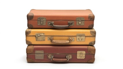 Vintage travel suitcases stacked together on white background showcasing retro design and worn leather details for travel themed visuals