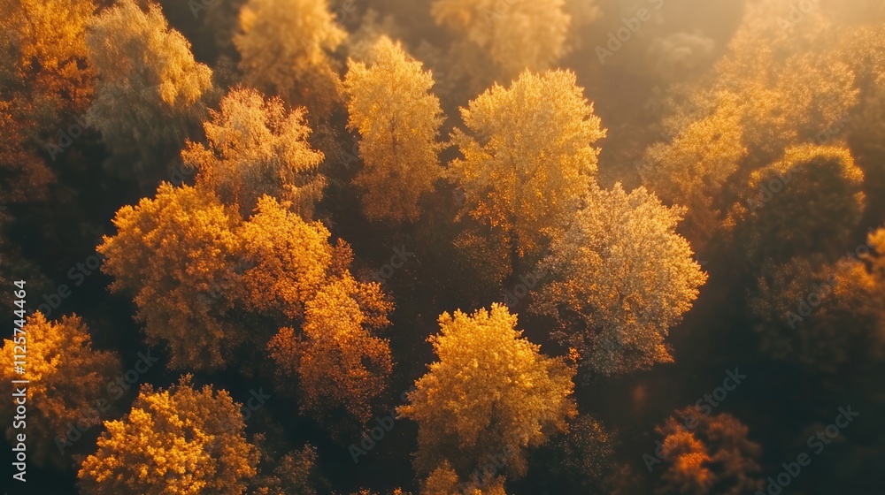 Aufkleber autumn foliage in golden hues overhead view with selective focus on treetops creating a warm and tra
