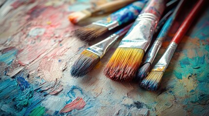 Obraz premium Assorted white paint brushes and a can of colorful oil paint resting on a textured wooden table, surrounded by vibrant paint splatters, art supplies, creativity, painting.