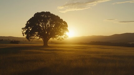 Tree silhouette against a vibrant sunset landscape with golden fields and distant mountains creating a serene natural scene.
