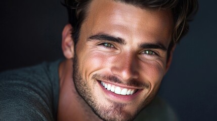 Obraz premium Confident young man with bright smile showcasing casual elegance and charm in intimate portrait setting