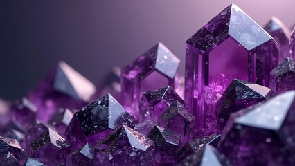 Dramatic Amethyst Crystal Cluster, Deep Purple Gemstones on Blue Background