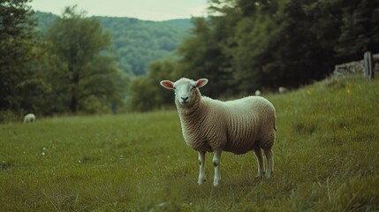Fototapeta premium Lone white sheep grazing peacefully in a lush green pasture surrounded by trees on a serene farm landscape.