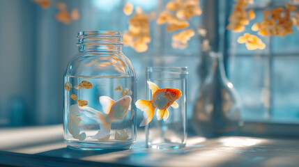 A colorful fish swmming in water contained in a glass bottle.