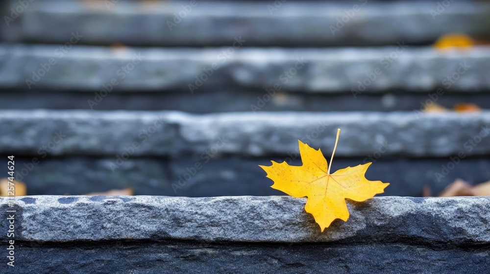 Poster yellow autumn leaf resting on stone stairway with blurred bokeh background creating a serene natural