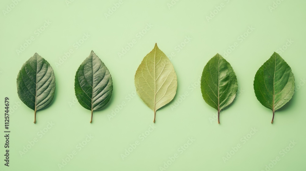 Poster diverse array of leaves arranged on a soft green background symbolizing growth and nature's beauty i