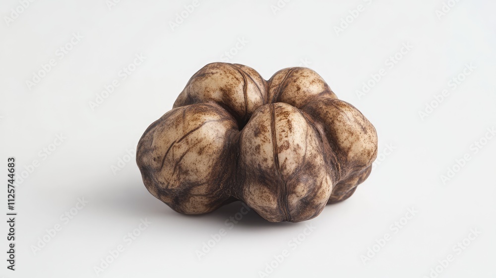 Poster close-up view of an isolated cluster of walnut fruits displaying their textured brown shells on a wh