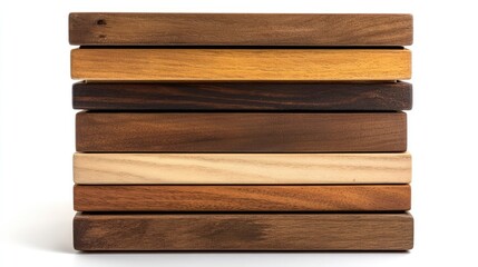 Obraz premium Wooden box stack showcasing various wood finishes on a clean white background ideal for design and craft related projects.