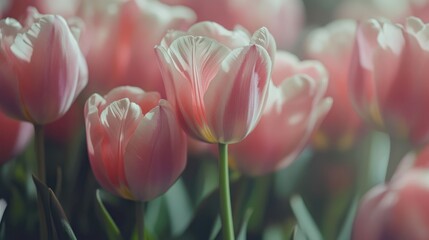 Fototapeta premium Pink tulips in full bloom showcasing delicate petals and vibrant colors in a soft focus floral arrangement.