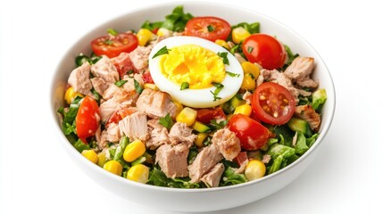 Tuna salad with hard-boiled eggs cherry tomatoes corn and fresh vegetables in a white bowl top view on white background