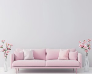 Pink sofa in a minimalist living room with white walls and two vases of pink flowers
