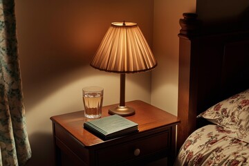 Cozy bedroom scene with a bedside table featuring a warm lamp, a glass of water, and an open notebook, creating a peaceful nighttime atmosphere for relaxation and reflection.