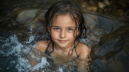 Fototapeta premium Girl enjoying a refreshing swim in a natural pool with cascading waterfall in a tropical paradise on a sunny day in Hawaii