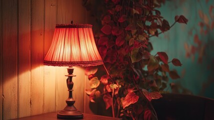 Vintage table lamp with red shade illuminating a cozy interior surrounded by greenery and warm lighting accents.