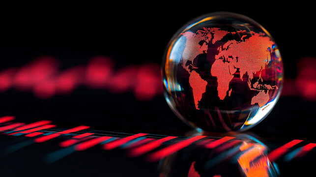 crystal-clear globe rests on a financial chart, symbolizing global markets, economic connections, sustainability, and the interdependence of finance and environmental stewardship