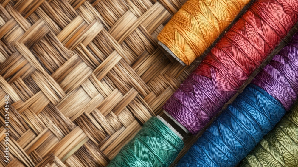 Poster wicker texture background featuring colorful spools of thread in vibrant hues, ideal for crafting an