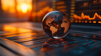 crystal-clear globe rests on a financial chart, symbolizing global markets, economic connections, sustainability, and the interdependence of finance and environmental stewardship