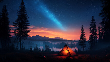 breathtaking view of starry sky above campsite with glowing tent