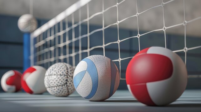 Volleyball net and different types of balls