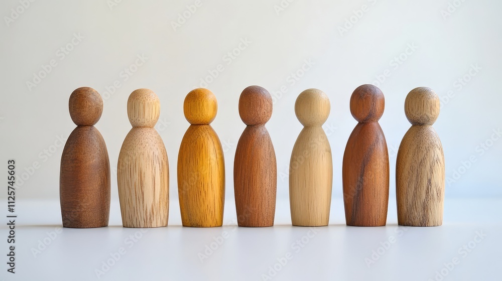 Poster wooden figures of diverse shapes and colors arranged in a row on a clean white background showcasing