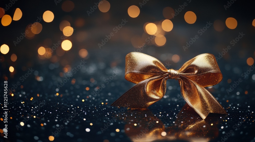 Poster A golden ribbon is tied in an elegant bow on a sparkly surface, creating a festive atmosphere ideal for New Year celebrations and greetings. Generative AI