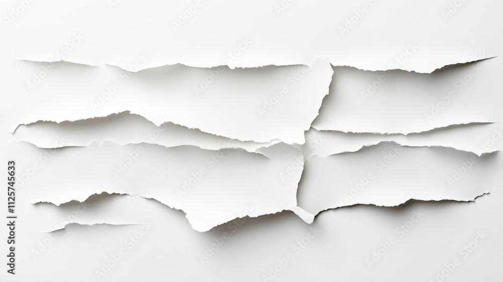 Poster white ripped paper strips with jagged edges arranged on a clean white background for creative design