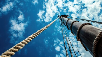 Vertical view of a ship mast against a bright blue sky with fluffy clouds and ropes creating a dramatic perspective in maritime setting