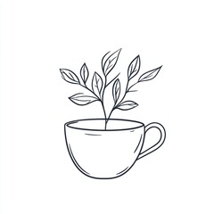 Line art illustration of a plant sprouting from a teacup.
