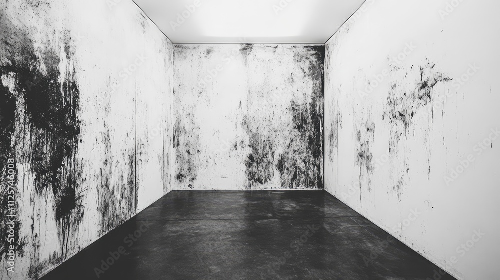 Poster textured white walls marked with black dirt stains in a minimalistic room, emphasizing the contrast 
