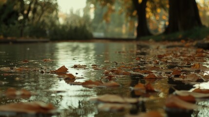 Fototapeta premium Serene autumn scene with yellow leaves floating on a tranquil pond in a peaceful natural setting
