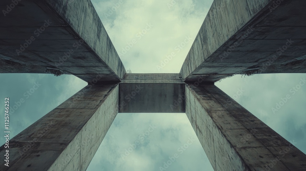 Poster architectural perspective of a concrete bridge showcasing towering supports against a cloudy sky cre
