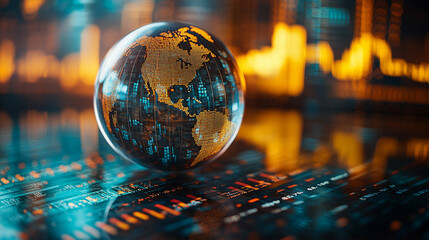 crystal-clear globe rests on a financial chart, symbolizing global markets, economic connections, sustainability, and the interdependence of finance and environmental stewardship
