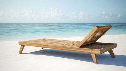 Obraz premium Wooden sunbed on serene tropical beach with calm turquoise waters and clear sky in the Maldives during summer day