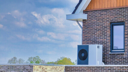 air source heat pump unit installed outdoors at a new home in the Netherlands, warmte pomp...