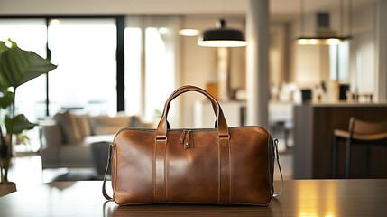 Brown leather duffel bag on wooden table in modern apartment.