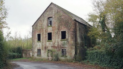 Obraz premium Abandoned factory building with weathered brick walls, broken windows, and overgrown vegetation, set in a rural landscape, capturing decay and industrial history, architecture, heritage.