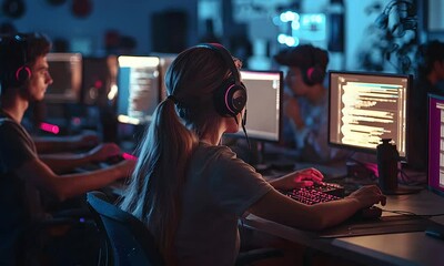 A group of individuals engaged in gaming, wearing headsets and focused on their screens in a dimly lit environment, showcasing a competitive gaming atmosphere.