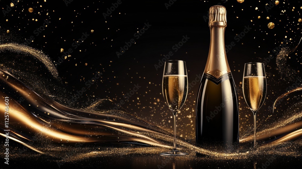 Poster champagne bottle erupts with excitement, sending bubbles into the air while elegant glasses await to