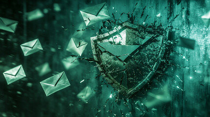 futuristic digital interface displays a shield broken into pie-like segments, symbolizing vulnerability, division, or protection being fragmented. A sleek design with glowing elements enhances the con