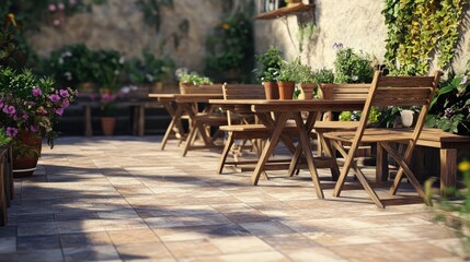 Obraz premium Idyllic garden setting featuring wooden tables and chairs surrounded by flowering plants and tile flooring creating a cozy outdoor atmosphere.